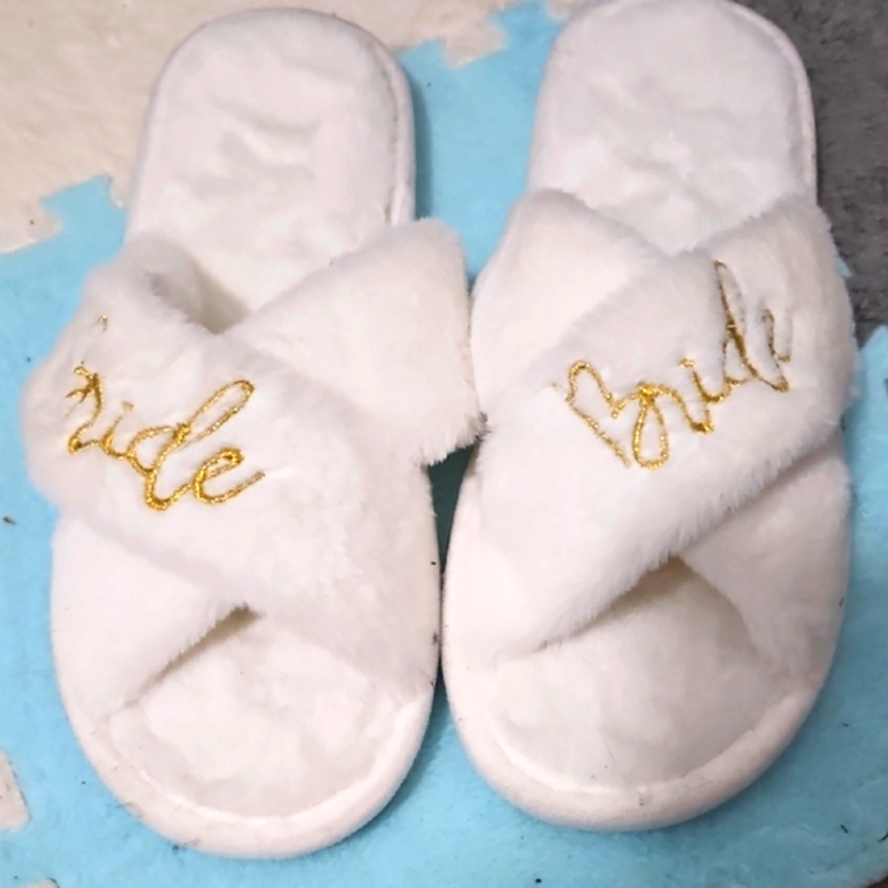 White Fuzzy Bride Slippers